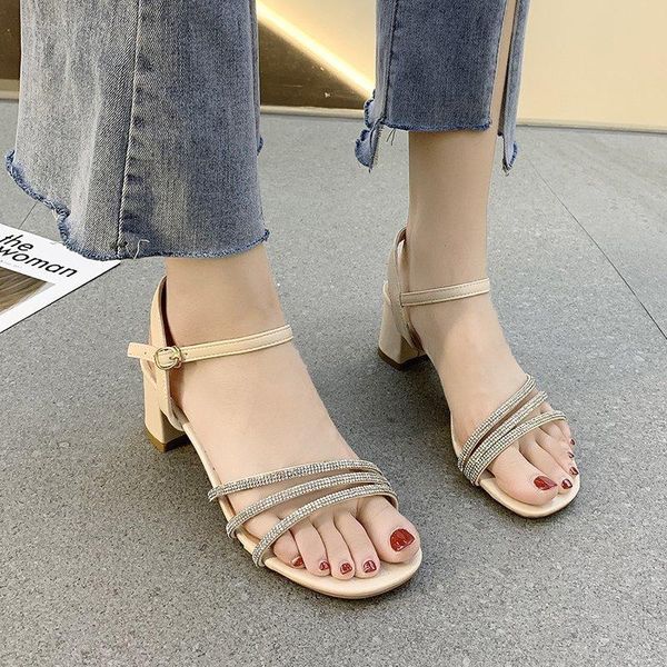 

sandals women square toe rhinestone one-line buckle mid-heel outdoor open high heel casual beach shoes, Black