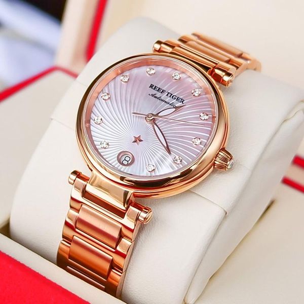 

wristwatches reef tiger/rt luxury watch ladies rose gold diamond bracelet watches date women pink relogio feminino gift rga1590, Slivery;brown