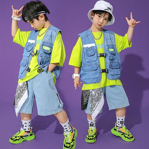 

stage wear hip hop dance clothes 2021 cowboy series denim vest shorts street costume girls hiphop outfits kids bl6271, Black;red