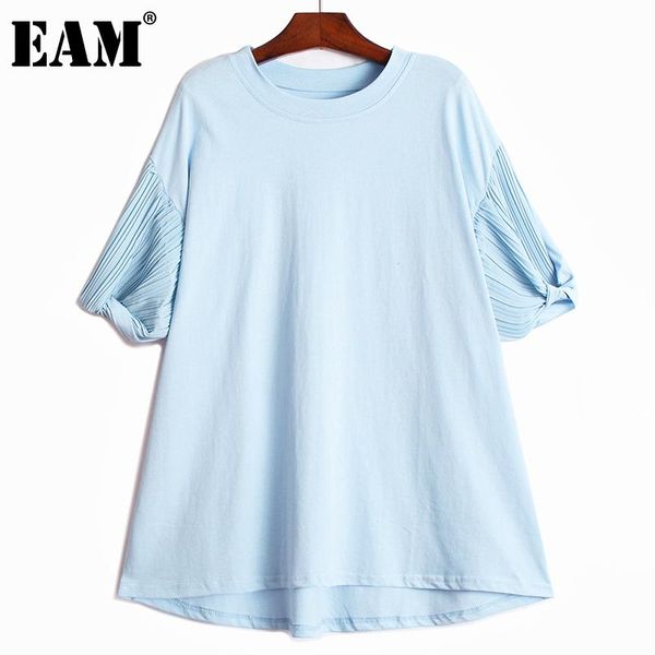 

women's t-shirt [eam] women black casual pleated spliced chiffon round neck short sleeve fashion tide spring summer 2021 1dd8924, White
