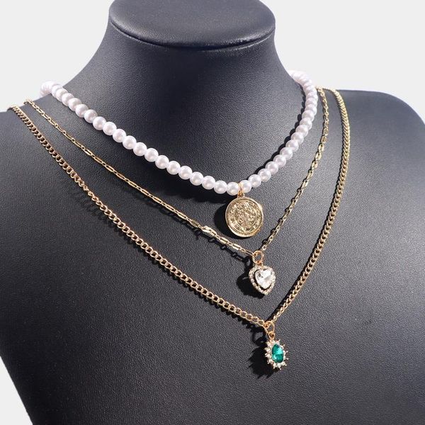 

chains multilayer bohemian love heart crystal pendant pearl beaded necklace for women gold color clavicle chain necklaces beach jewelry, Silver