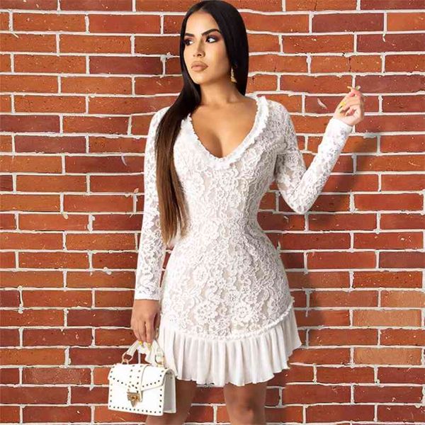 

autumn backless white lace dress women winter see through tulle long sleeve a-line christmas evening party vestidos 210427, Black;gray