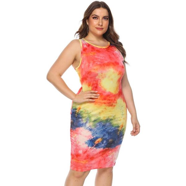 

woman dress plus size elegant casual soft sleeveless tie dyed dresses slim bag hip o-neck party bohemian style, Black;gray