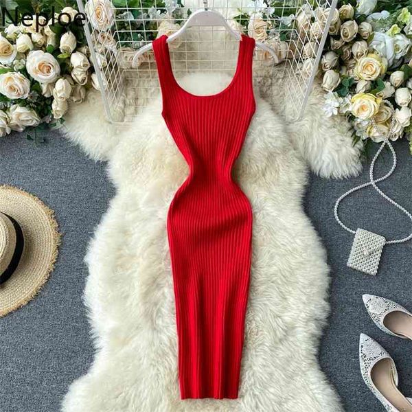 Neploe Gestricktes Kleid Frauen Fashion Square Kragen Ärmellose Tank Damen Vestidos Elegante Schlanke Stretch Taille Bodycon Dresses1B461 210331