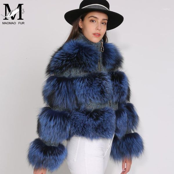 

2021 raccoon fur jacket woolen coat bomber winter real natural fashion1, Black