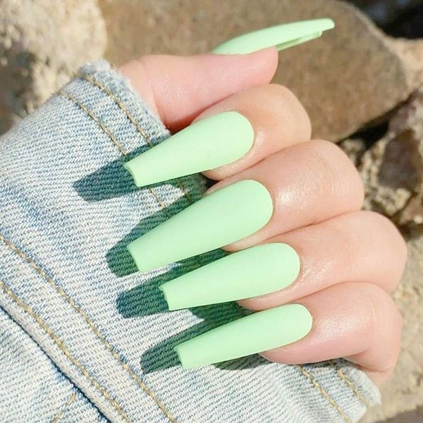 

24pcs candy colors long coffin press on false nails natural ballerina fake nailsart tips abs full cover nail decor manicure, Red;gold