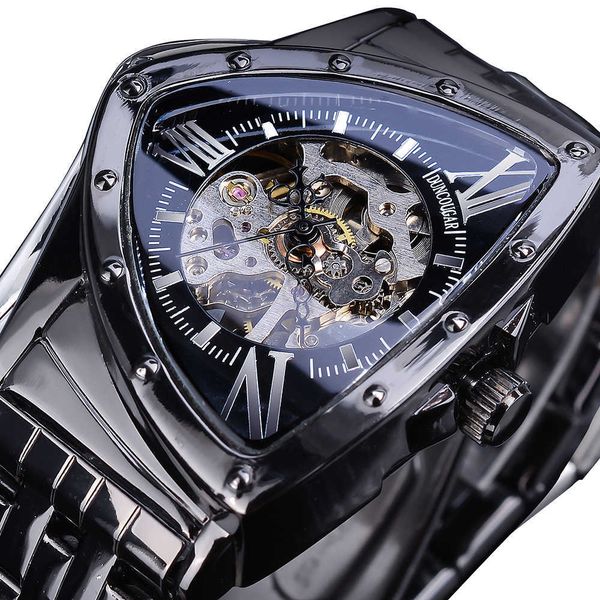 

duncougar triangle skeleton black automatic watch stainless steel men business sport irregular mechanical wristwatch 210728, Slivery;brown