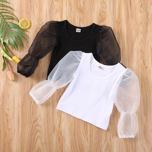 

summer baby clothing toddler kid girl clothes mesh long lace puff sleeve solid t shirt blouse 0 5t, Blue