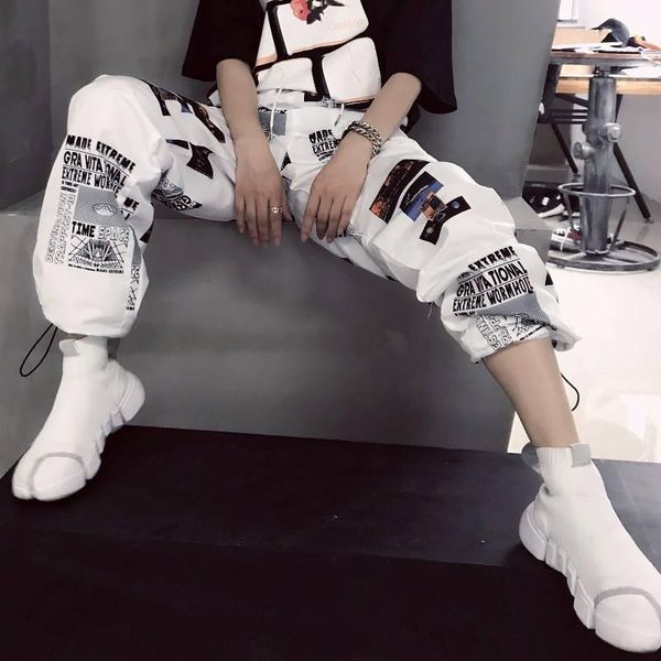 

fashion female hip hop high waist harem pants femme cool loose streetwear trouser autumn womens jogger cargo girls women's & capris, Black;white