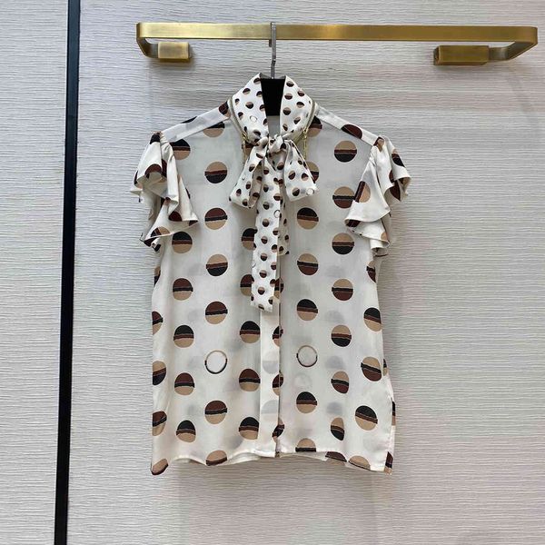 

jackets high-end 100% silk blouse shirt for women lace up collar ruffles sleeve polka dot print pattern casual blouses, Black;brown