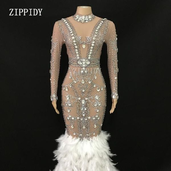 

casual dresses bling big rhinestones see through mesh long feather dress evening birthday celebrate singer silver stones outfit youdu, Black;gray