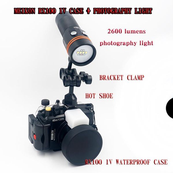 

pool & accessories underwater waterproof housing case camera for sony rx100 iv + archon d34v w40v diving torch fashlight bracket clamp shoe