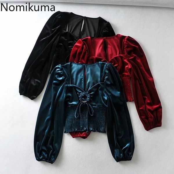 

nomikuma korean velour short blouse drawstring hollow-out slim waist women shirt spring new puff sleeve blusas 6f193 210427, White