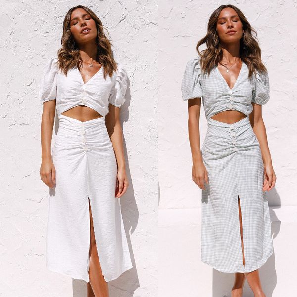 

summer v neck hollow out women's collage fashion maxi dress ladies white puff sleeve split long dress vestido de mujer 210423, Black;gray