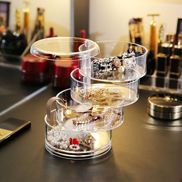 

bathroom storage & organization 4 layer acrylic makeup organizer box clear jewelry case 360 degree rotating cosmetic necklace earring displa