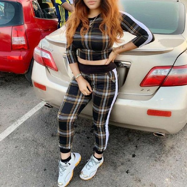 

two piece dress hirigin autumn 2pcs women's outfits plaid print floral long sleeve cropped +pants bodycon jumpsuit clothes sets, White