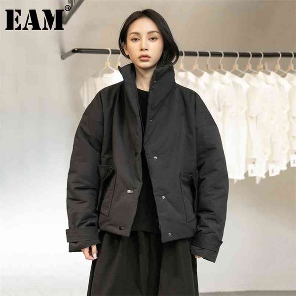 

[eam] black warm short stand collar cotton-padded coat long sleeve loose fit women parkas fashion autumn winter 210910