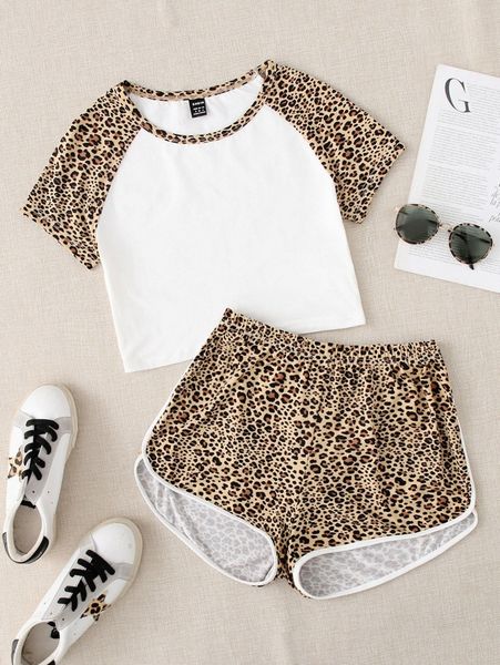 

leopard pattern raglan sleeve tee & contrast binding shorts 05hb#, White