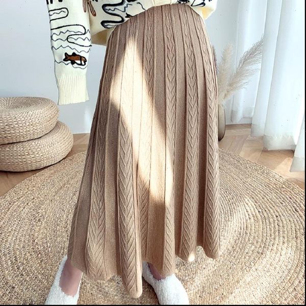 

korean women skirt knit autumn and winter knitted for midi over the knee pendant shiny long womens solid, Black