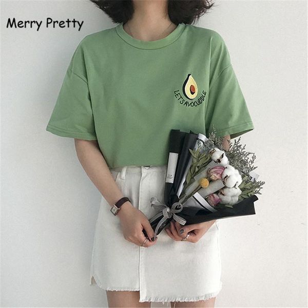 

cute avocado embroidery women t shirts short sleeve summer small fresh harajuku polyester femme drop, White