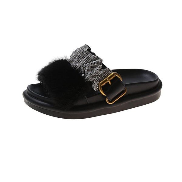 

women's slippers plush upper personalized buckle design fashionable and versatile open-toed flat-bottom casual, Black