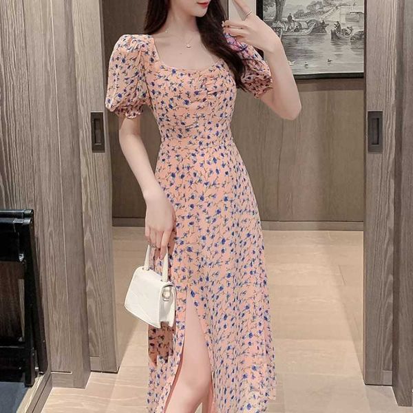 

korean summer elegant women square collar puff sleeve floral chiffon dress vestidos retro high waist slim split 210526, Black;gray