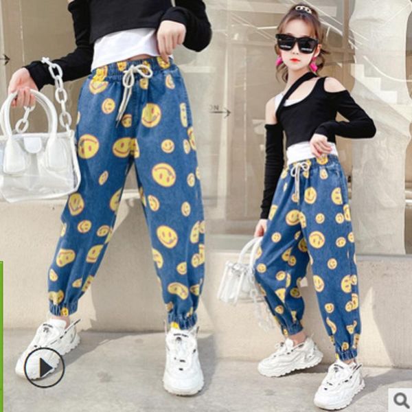 

girls smile jeans 2021 autumn/spring kids leisure trousers children's active pants denim print color size4-14 ly120, Blue