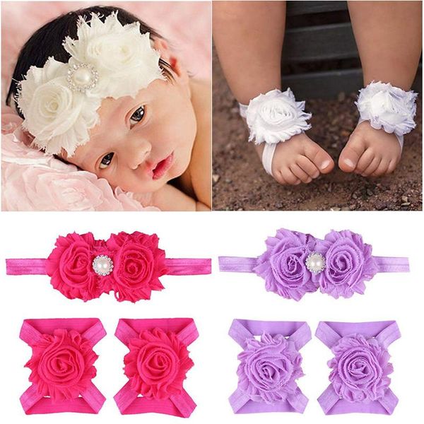 

hair accessories fashion born infant baby girl boy soft shabby chiffon flower headbands with sneaker barefoot sandals sets kids po props, Slivery;white
