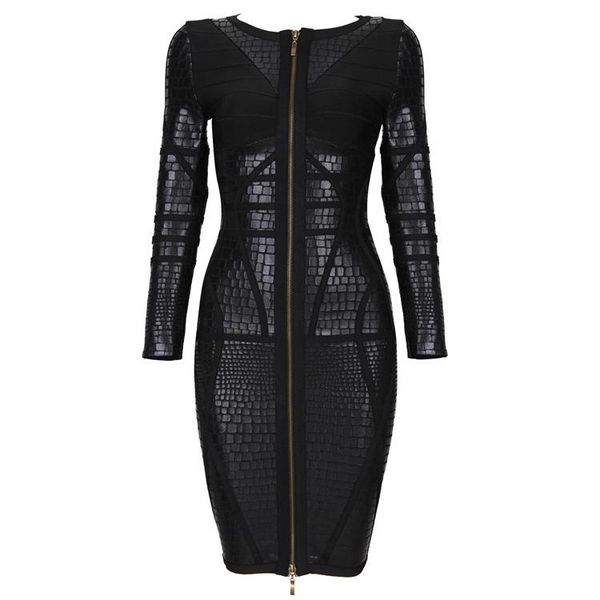 

casual dresses 2021 front zip pu crocodile leather long sleeve black autumn and winter knitted bandage dress, Black;gray