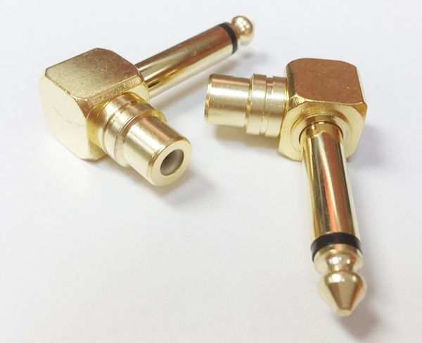 Kupfer-Audio-Anschlüsse, rechtwinkliger 1/4-Zoll-6,3-mm-Stecker auf RCA/Phono-Buchse, Adapter-Konverter für AV-Audio/5 Stück