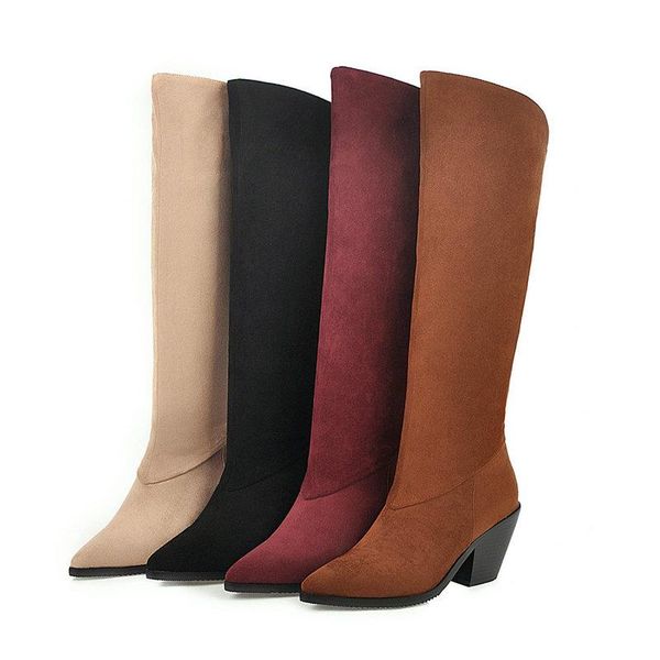 

boots 2021 faux suede women knee high pointed toe slip on square heel short plush ladies western big size, Black