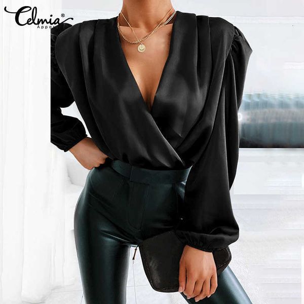 

women's blouses & shirts blouses celmia summer satin pleated streetwear women fashion long puff sleeve solid wrap v neck party blusa y, White