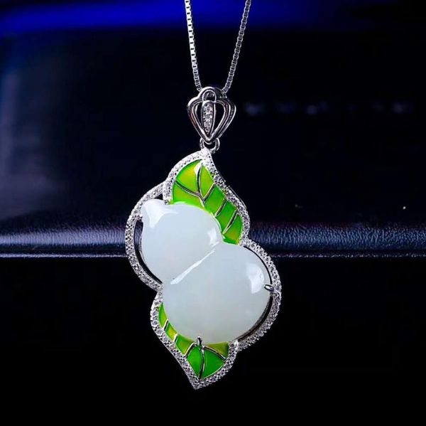 

lockets hetian baiyu silver inlay pendant white jade gourd h19#