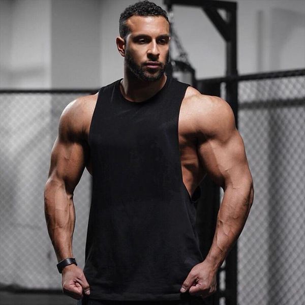 

plain drop armhole tank men mens bodybuilding and fitness sleeveless shirt solid color cotton side cut off gym clothing, White;black