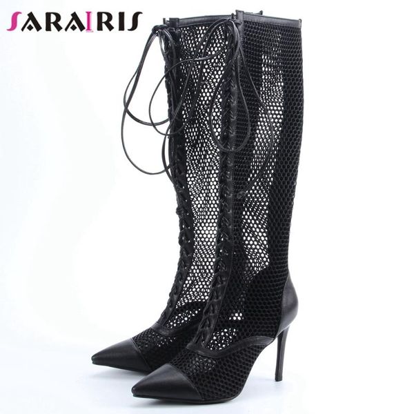 

boots sarairis brand mid-calf mesh women wild high thin heels summer ladies dress pointed toe shoes, Black
