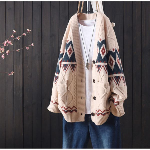 

women's sweaters knitted cardigan women's sweater retro soft autumn and winter loose casual embroidery buttoned long-sleeved i, White;black