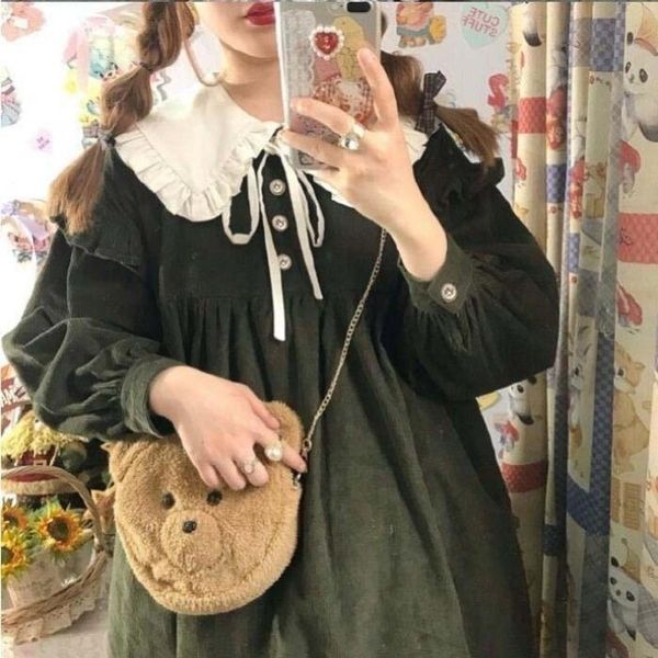 

casual dresses kawaii lolita dress autumn corduroy sweet style cute yummy brown patchwork puff long sleeve tea party, Black;gray