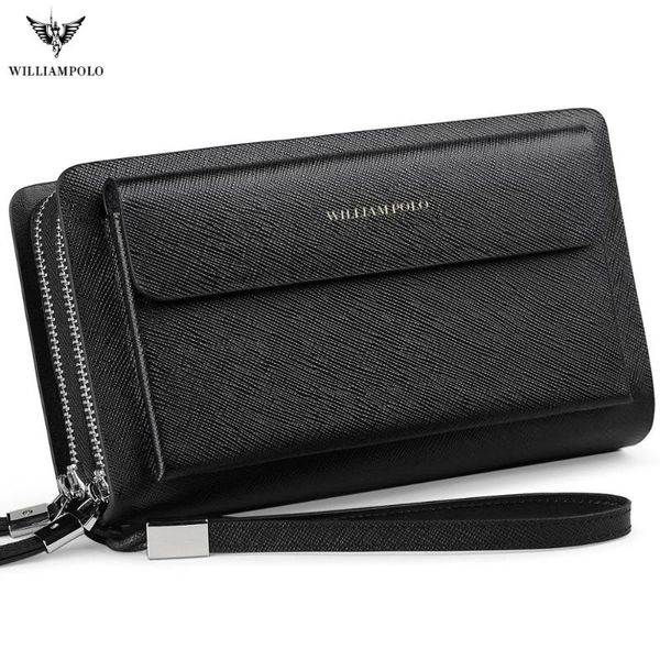 

wallets williampolo men wallet genuine leather long clutch phone pocket card holder handbag double zipper detachable wristlet black, Red;black