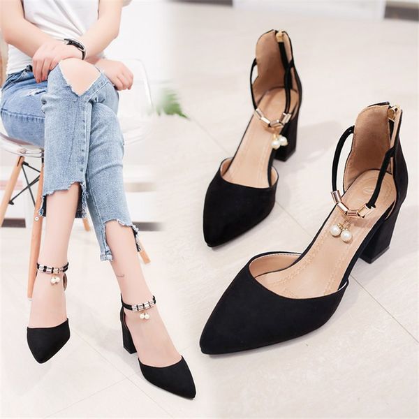 

womens shoes summer new professional baotou thick heel mid-heel zipper mature womens sandals1, Black