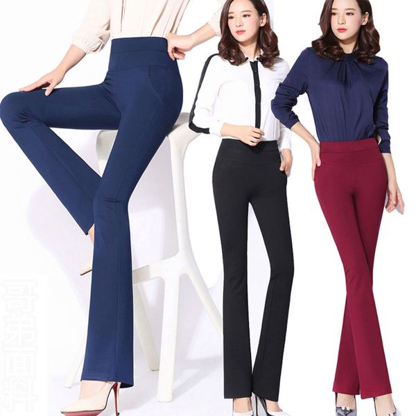 

pant autumn ol solid flared long womens stretch slim trumpet trousers navy burgundy formal elegant business pants, Black;white