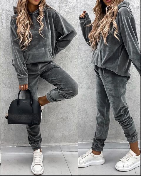 

clothing winter set tracksuit hooded womens tracksuits sweatshirt pockets pants suit two piece outfits sweatsuit, Gray