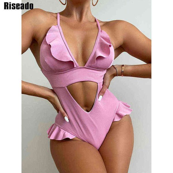 

riseado ribbed one piece swimsuits women swimwear new ruffle trim bodysuit women monokini cut out bathing suit summer, White;black
