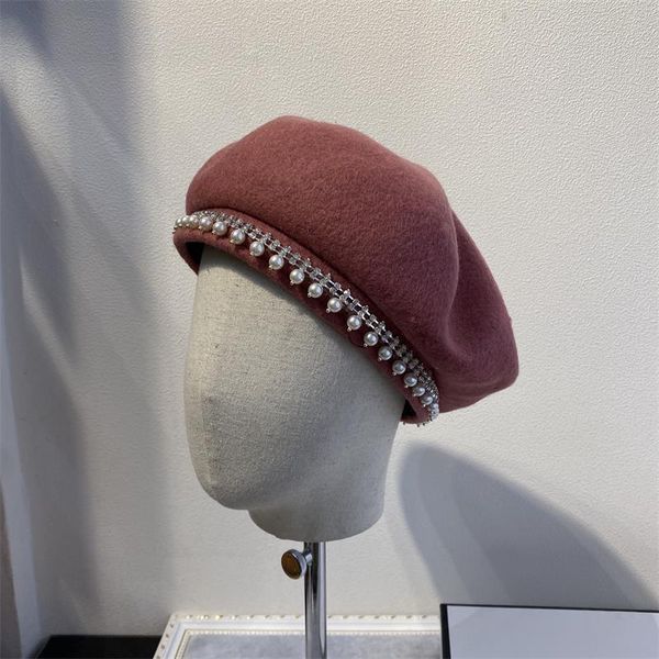 

autumn and winter new simple elegant pearl beret zy, Blue;gray