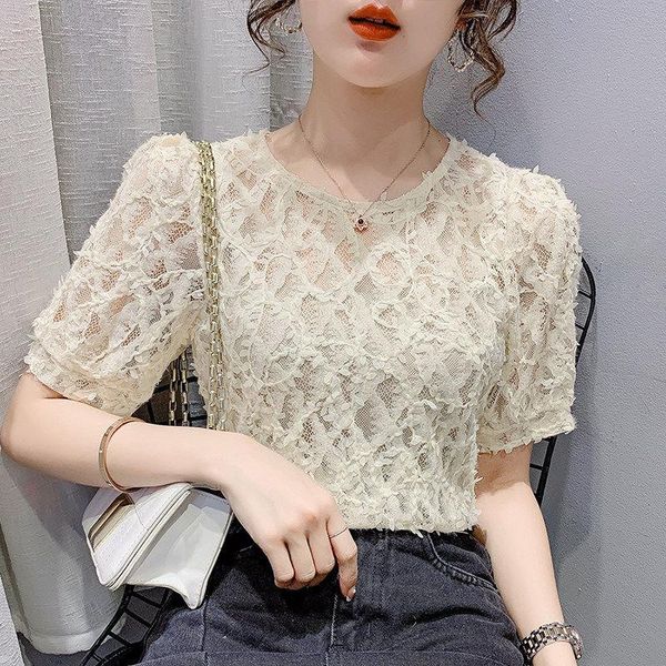 

women's blouses & shirts blouse women shirt short-sleeved lace clothing summer micro-transparent round neck blusas mujer de moda, White