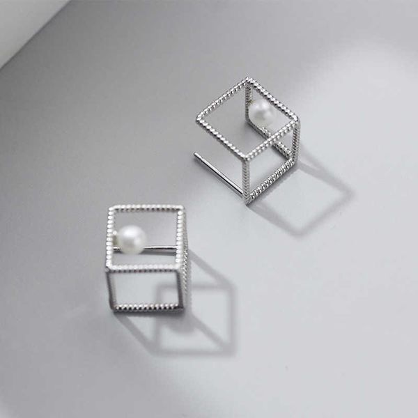 

hollow out square pearl dangle earring for women gift 925 sterling silver geometric drop korea style fine jewelry 210707