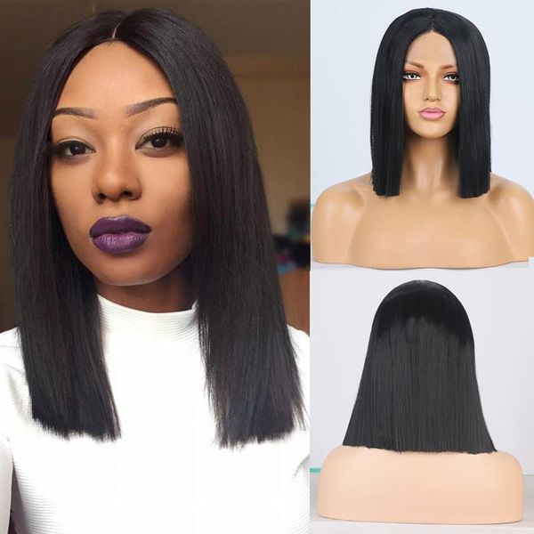

synthetic wigs rongduoyi short bob hair lace front wig black silky straight for women middle part heat resistant