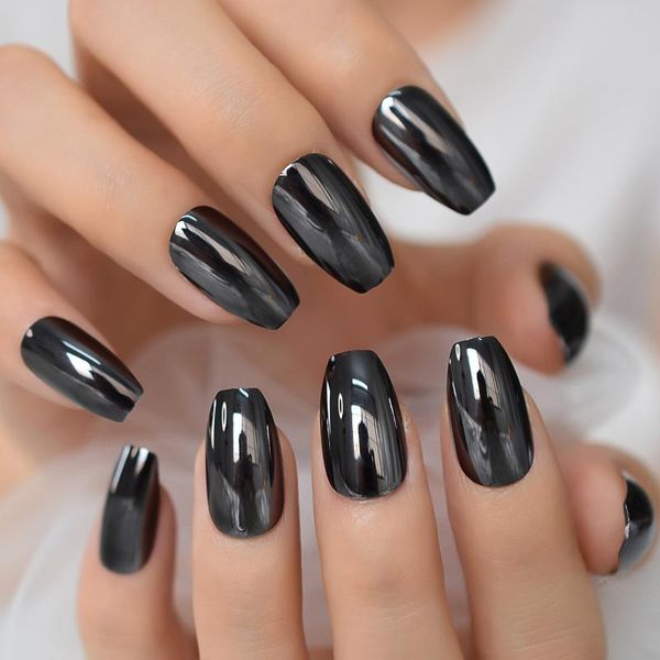

false nails metallic mirror effect gray black metal plating square press on acrylic punk nail tips ballerina coffin fake finger, Red;gold