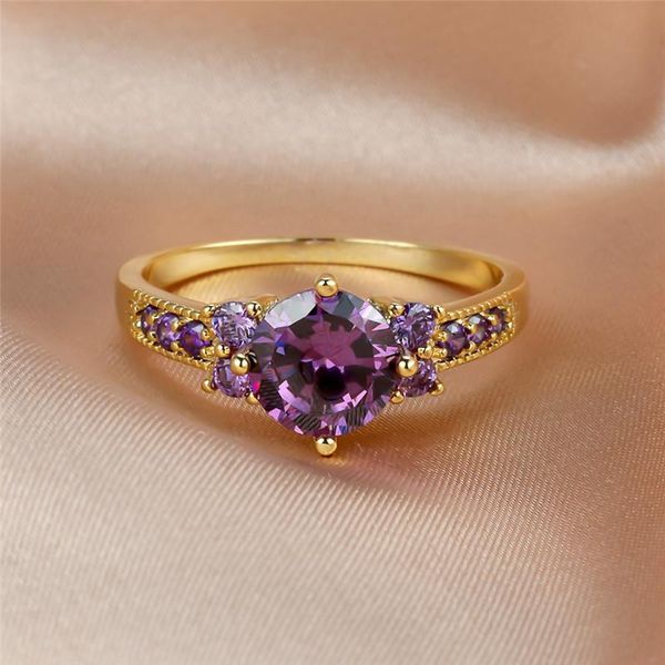 

wedding rings dainty female purple crystal stone ring charm gold color thin for women luxury round zircon engagement jewelry, Slivery;golden