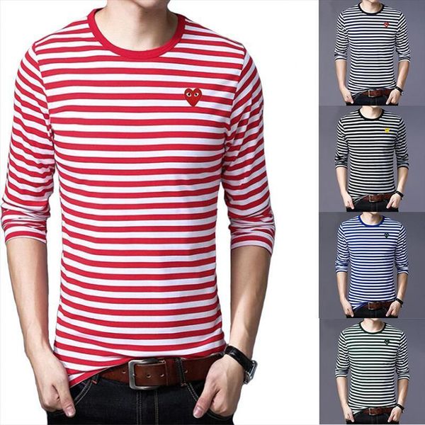 

have eyes summer cotton men t shirts love embroidery two color striped round neck long sleeved slim casual, White;black