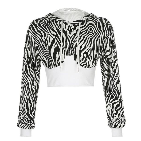 

women long sleeve drawstring hoodies harajuku zebra stripe print patchwork crop ribbed elastic waist slim sweatshirt women's & sweatshi, Black
